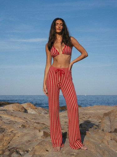 Red Stripe Crochet Triangle Bikini & Pants Set