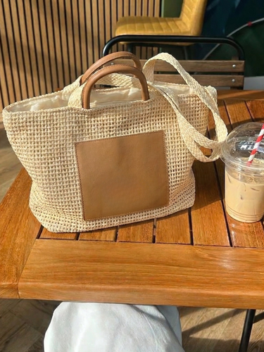 Coastal Woven Tote Bag with Leather Pocket