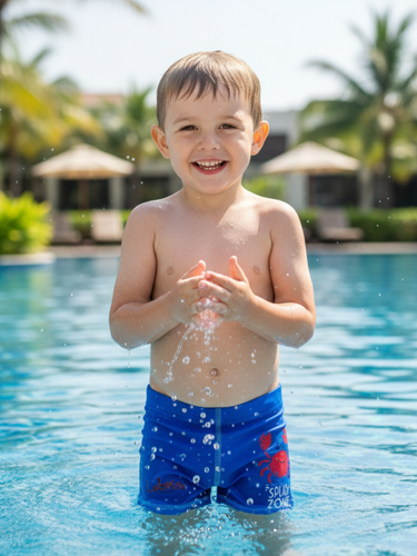 Boys Navy Blue Crab Graphic Swim Trunks