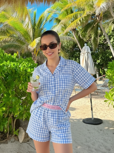 Blue Gingham Cotton Shorts Nightsuit