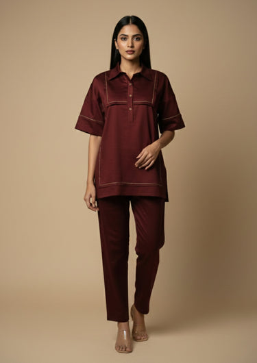 Velour Maroon Hand-Embroidered Co-ord Set