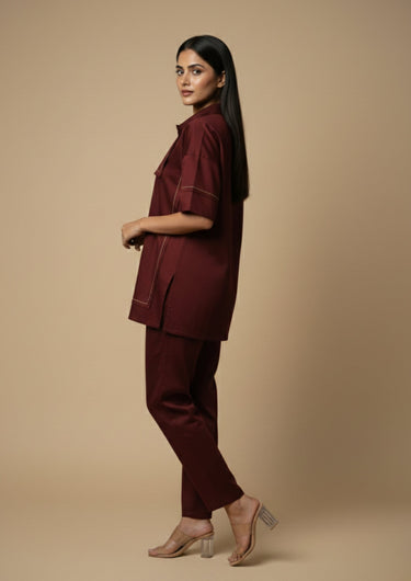 Velour Maroon Hand-Embroidered Co-ord Set
