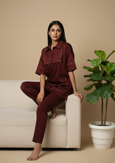 Velour Maroon Hand-Embroidered Co-ord Set