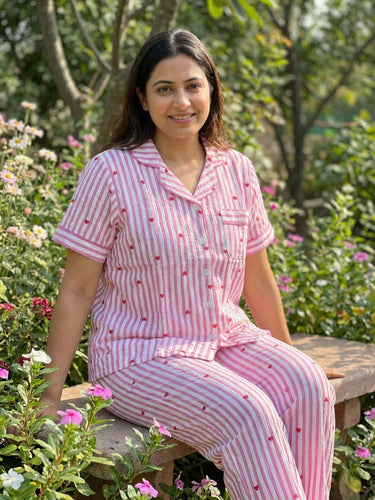 Pink Stripe Heart Cotton Nightsuit