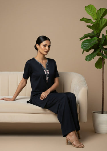 Midnight Bloom – Hand-Embroidered Co-ord Set