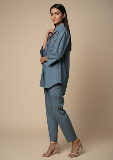 Denim Blue-Embroidered Co-ord Set