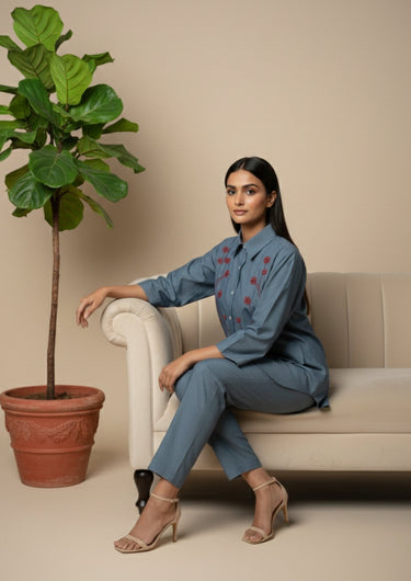 Denim Blue-Embroidered Co-ord Set