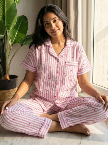 Pink Stripe Heart Cotton Nightsuit