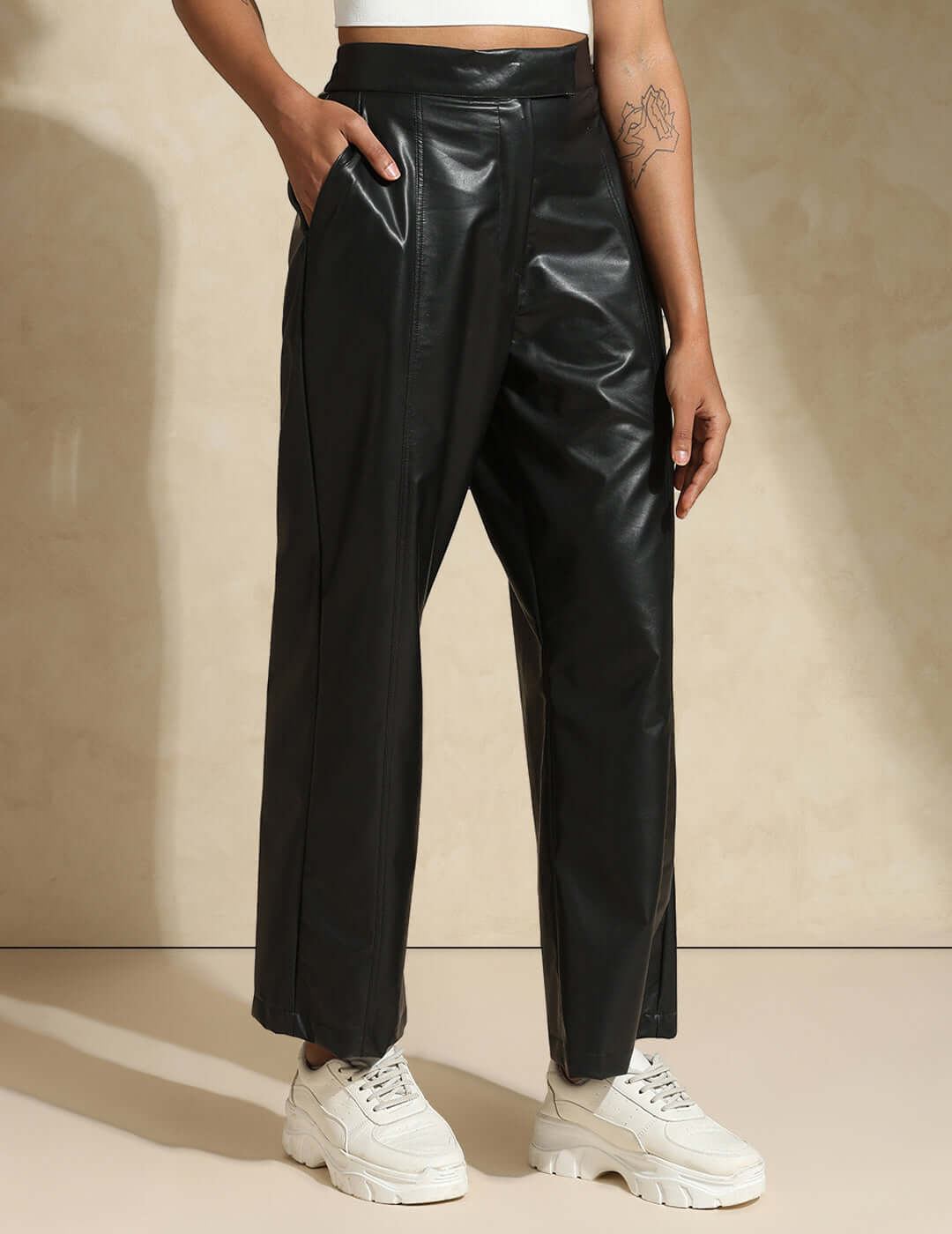 Shop-Leather Straight Fit Trousers Black