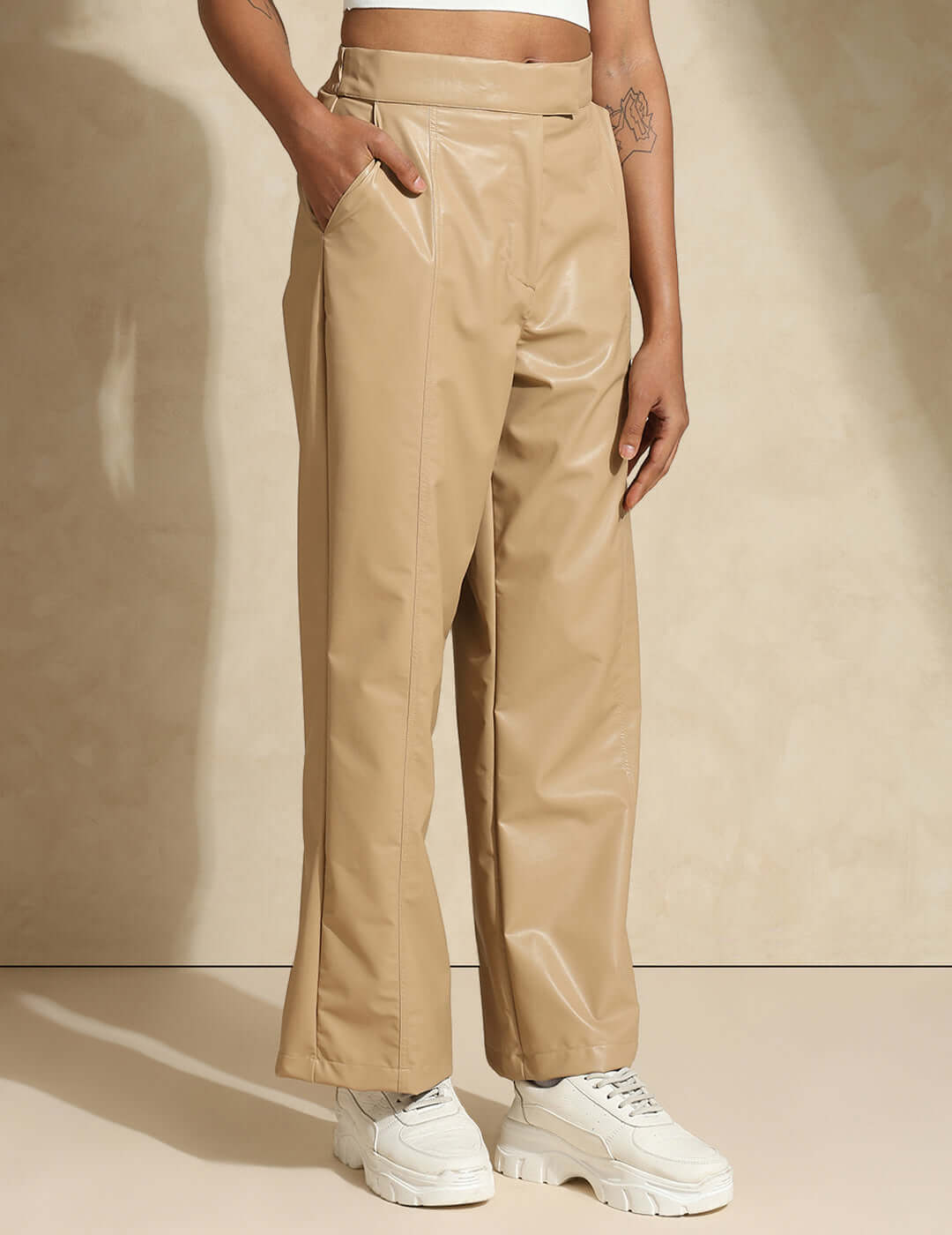 Shop-Leather Straight Fit Trousers Beige