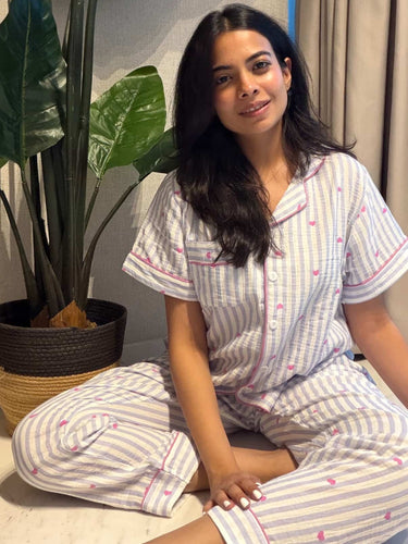 Blue Stripe Heart Cotton Nightsuit