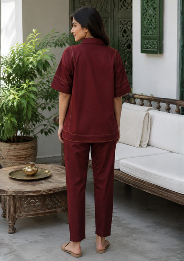 Velour Maroon Hand-Embroidered Co-ord Set