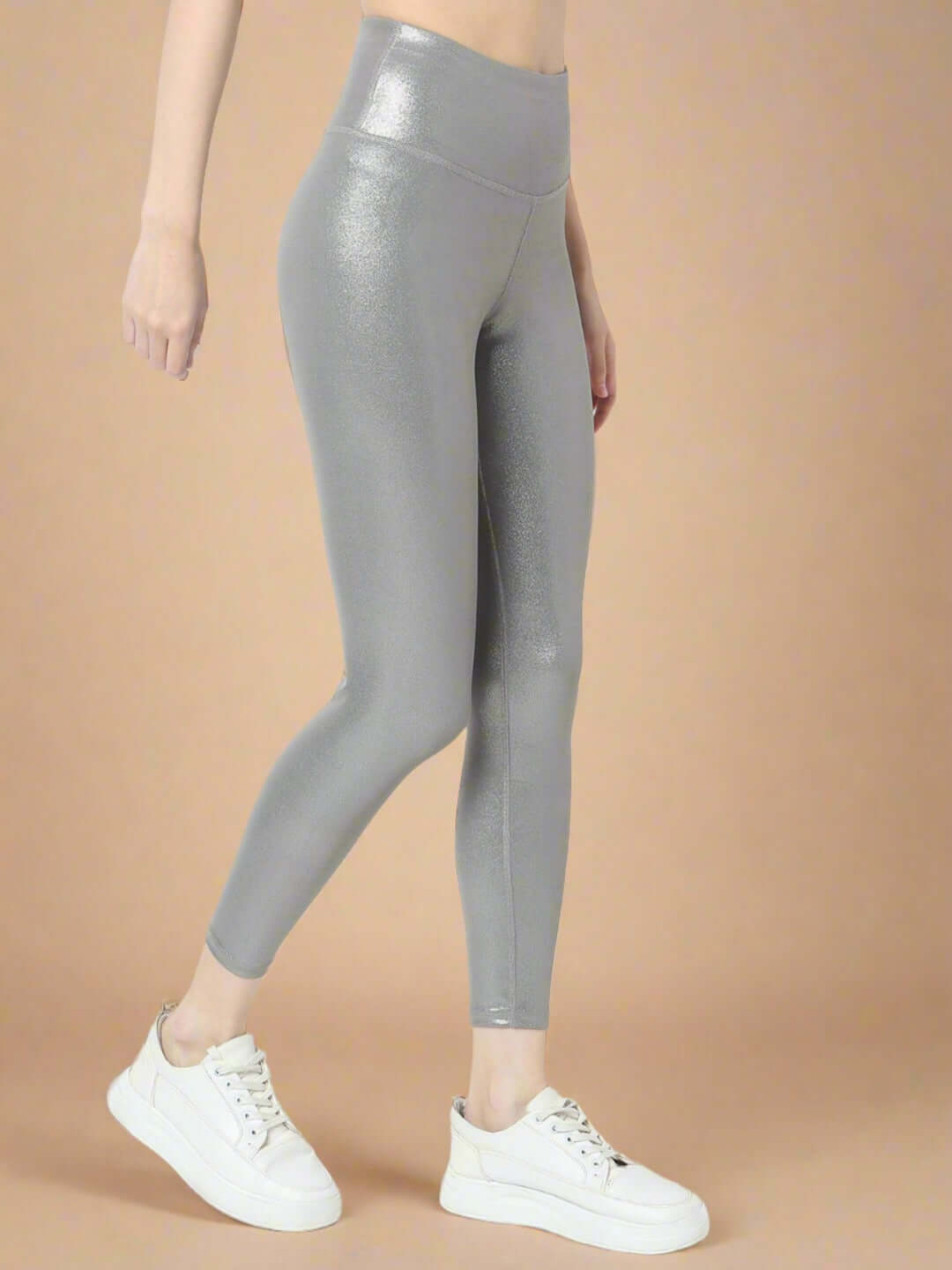 Shop-Gloss Shiny Grey High Impact Action Bra and Ath Track Leggings