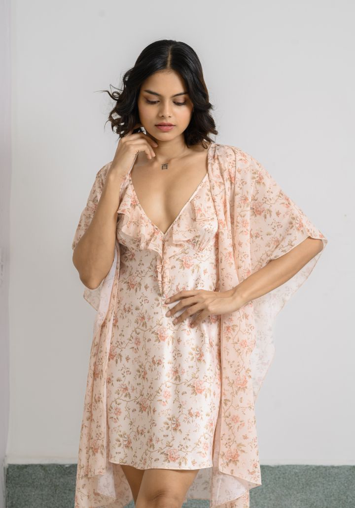 Short Delicate Floral Printed Satin Nighty Gown Set : Versatile Elegance