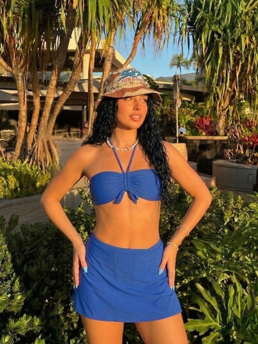 Blue Halter Bikini Swim Skort Set