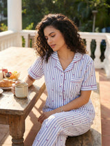 Striped Blue and White Collared Nightsuit Set