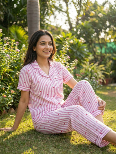 Pink Stripe Heart Cotton Nightsuit