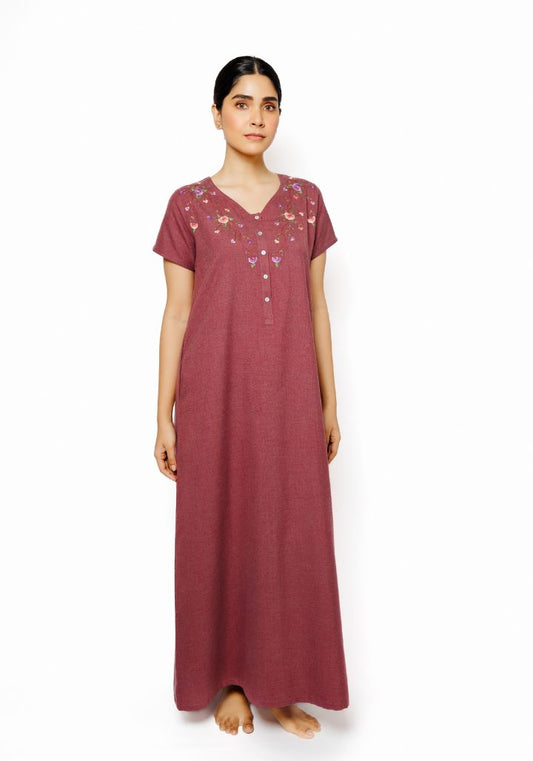 Elegant Cotton Spun Nighty with Hand Embroidery in Maroon