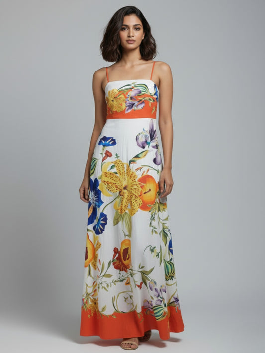 Printed Floral Orange and White Maxi Sundress