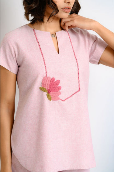 Lotus Hand Embroidered Cotton Pajama Set