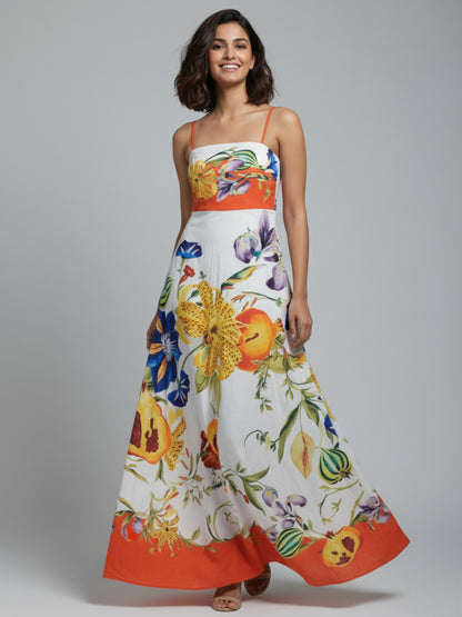 Printed Floral Orange and White Maxi Sundress