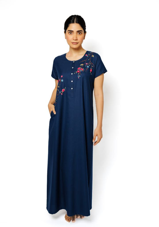 Elegant Cotton Spun Nighty with Hand Embroidery in Blue