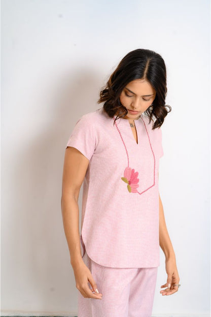 Lotus Hand Embroidered Cotton Pajama Set