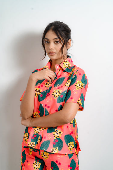 Tiger Print Collared Night Suit Shorts Set