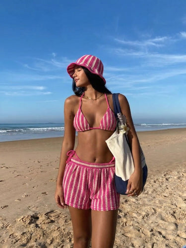 Pink Stripe Crochet Triangle Bikini & Shorts Set