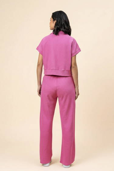 Pop Pink Reverse Terry Mid-Rise Wide-Leg Pant