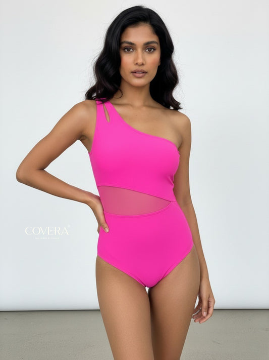 Bright Pink One-Shoulder Mesh Monokini