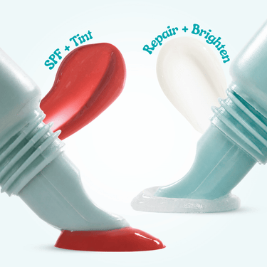 Two cosmetic bottles labeled 'SPF + Tint' and 'Repair + Brighten' on a white background.