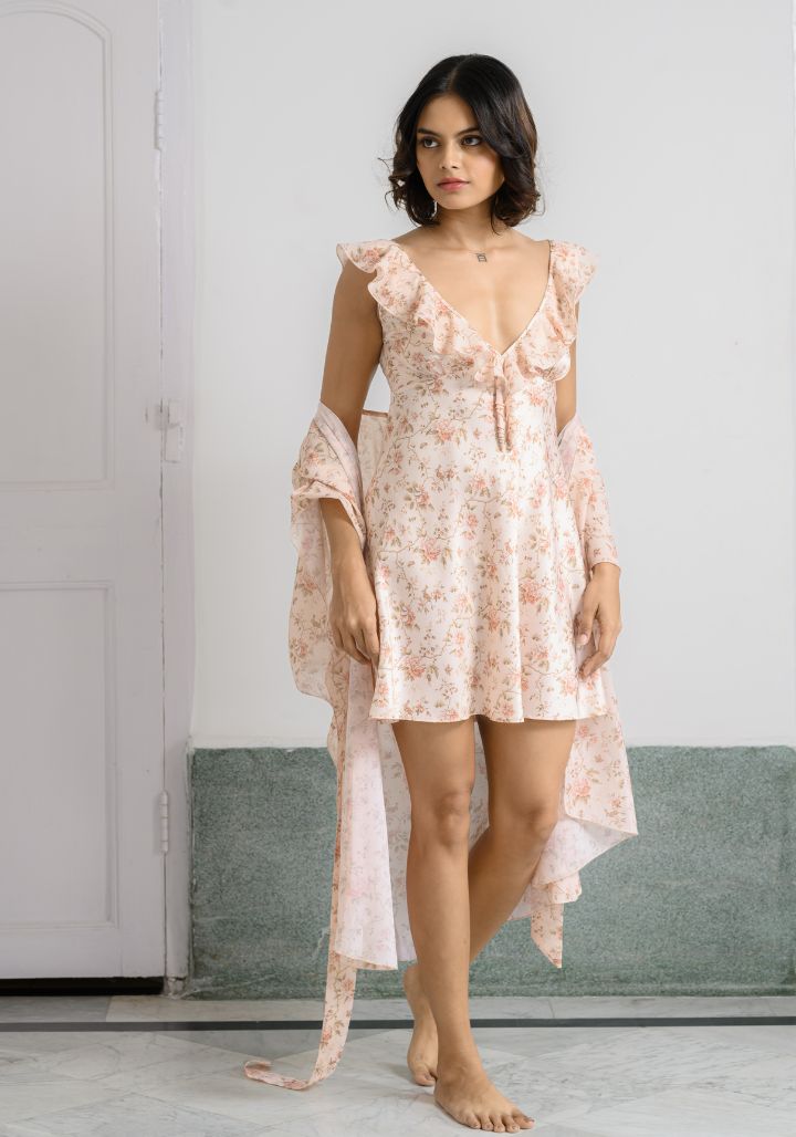 Short Delicate Floral Printed Satin Nighty Gown Set : Versatile Elegance