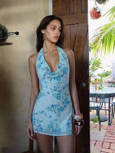 Blue Embellished Halter Mini Dress