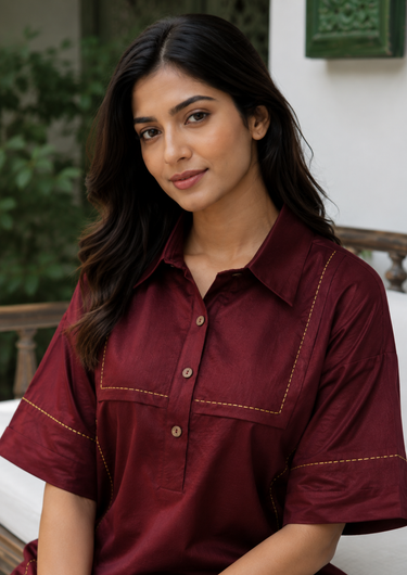 Velour Maroon Hand-Embroidered Co-ord Set
