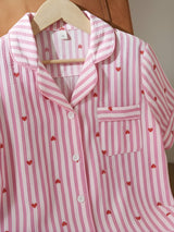 Pink and white striped cotton nightsuit with heart print front view – women’s sleepwear