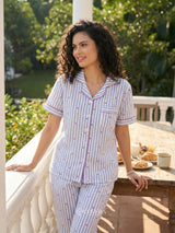 Striped Hearts Blue and White Collared Cotton Nightsuit