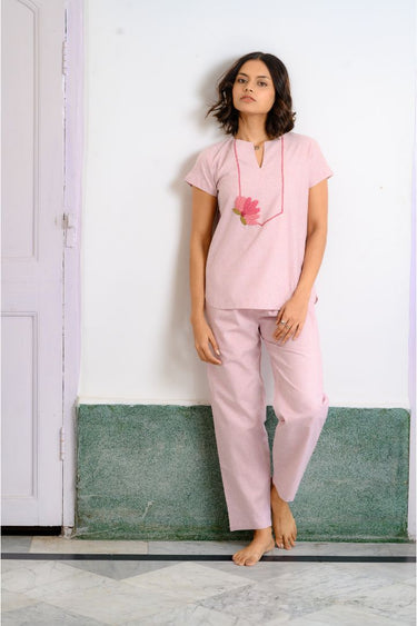 Lotus Hand Embroidered Cotton Pajama Set