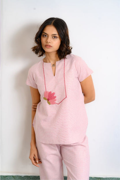 Lotus Hand Embroidered Cotton Pajama Set