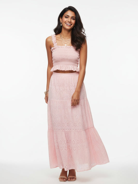 Hakoba Embroidered Pink Ruched Skirt and Top Set