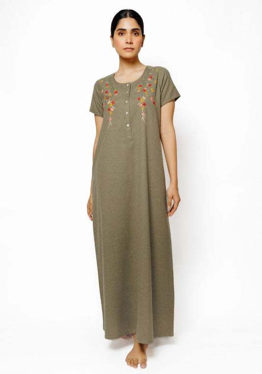 Elegant Cotton Spun Nighty with Hand Embroidery in Moss Green