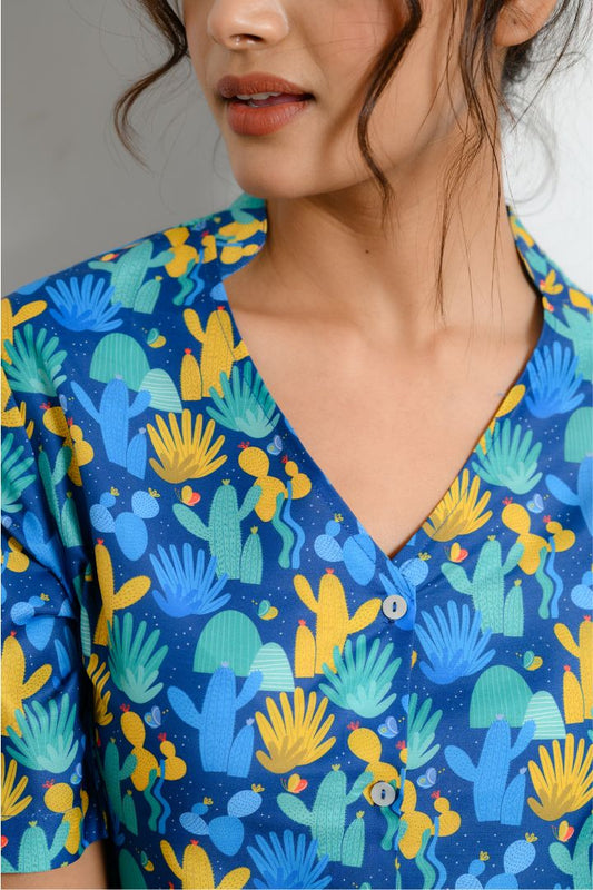 Cactus Print No-Collar Night Suit