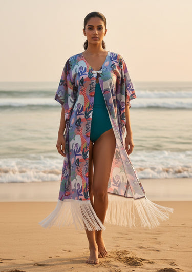 Tropical Fringe Beach Kaftan Style Cover-Up