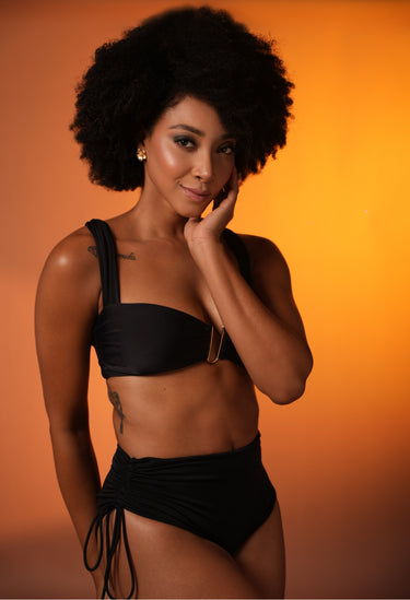 Black Ruched Bikini With High-Waist Bottoms