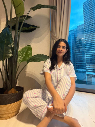 Blue Stripe Heart Cotton Nightsuit