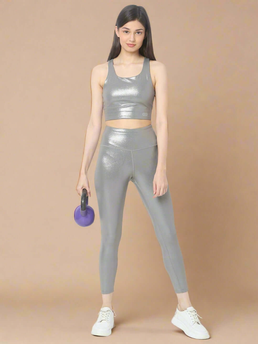 Shop-Gloss Shiny Grey High Impact Action Bra and Ath Track Leggings