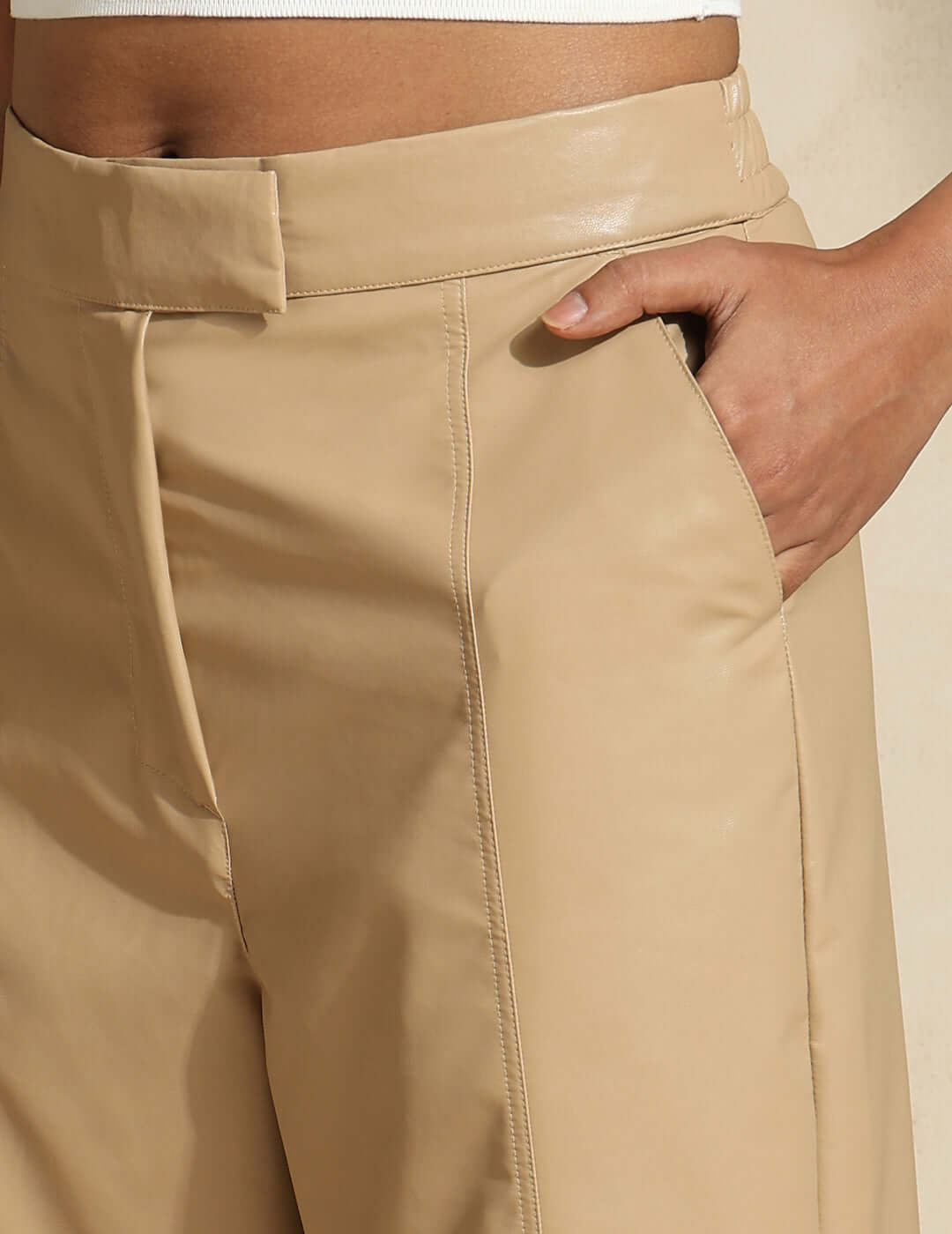 Shop-Leather Straight Fit Trousers Beige