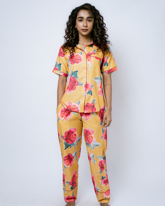 Golden Bloom - Yellow Floral Printed Pajama Set