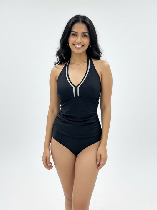 Halter Neck Black Ruched Swimsuit