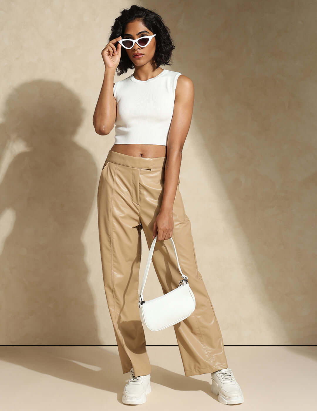 Shop-Leather Straight Fit Trousers Beige